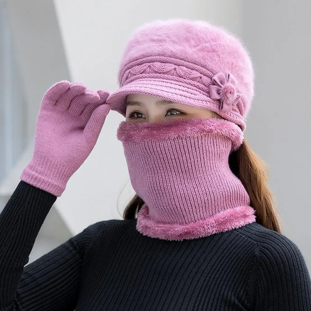 

Useful Knitted Rabbit Fur Autumn Winter Three-piece Set Embroidery Beanies Caps Scarf Glove Suit for Outdoor