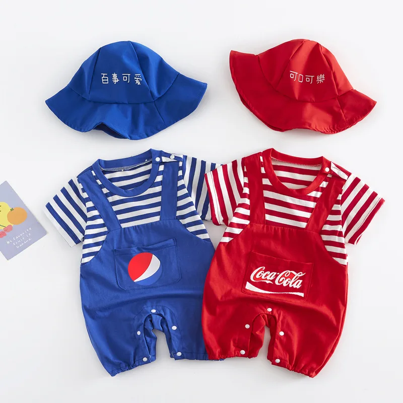 

Summer Infant Baby Romper Fake Two Cotton Jumpsuits Cool Drink Cola Striped Newborn Kids Babysuits Gift Hat Fashion Clothes Set