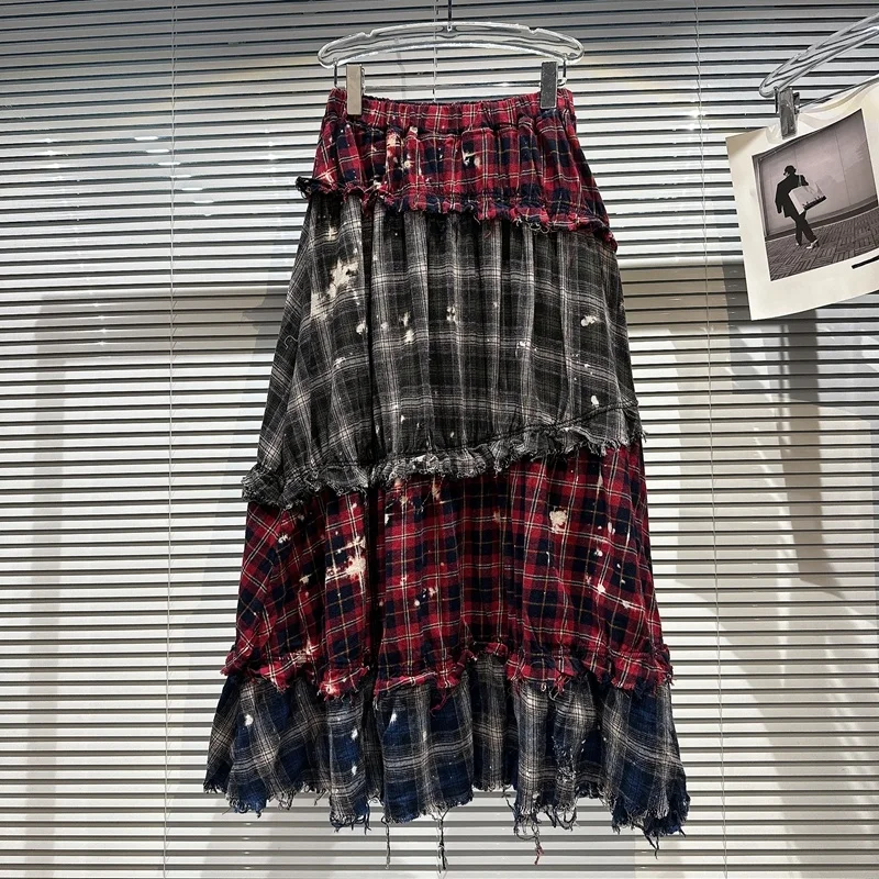 

Женская длинная юбка в клетку, бордовая клетчатая рваная юбка с бахромой и поясом на резинке, GH624, весна 2023