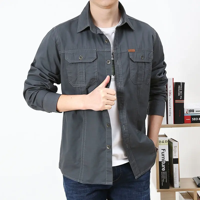 High End Luxury2022Autumn High Quality Men's Shirt Long Sleeve100%Cotton Lapel Three-dimensional Pocket Loose Shirt Work Clothes