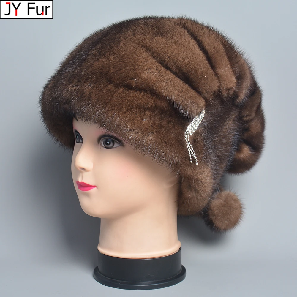 2023 Fashion Hot Whole Genuine Mink Fur Hats Female Winter With Mink Fur Pompons Elegant Luxury High Quality Ladies Beanie Hat