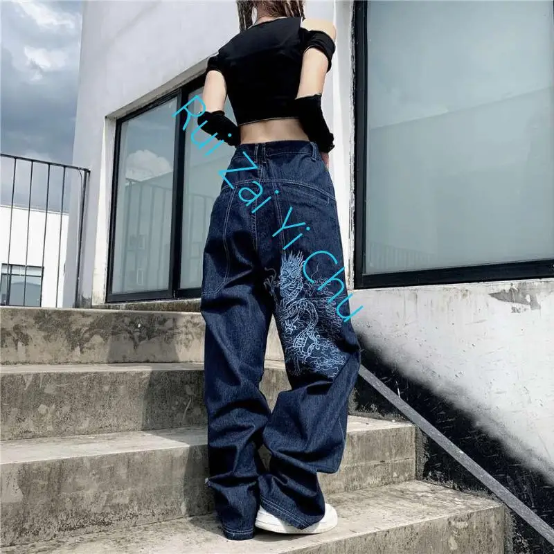 Embroidered Straight Jeans Women Y2K New Hip Hop Joker High Waist Wide Leg Pants Casual Trend Jeans American Retro Street Loose