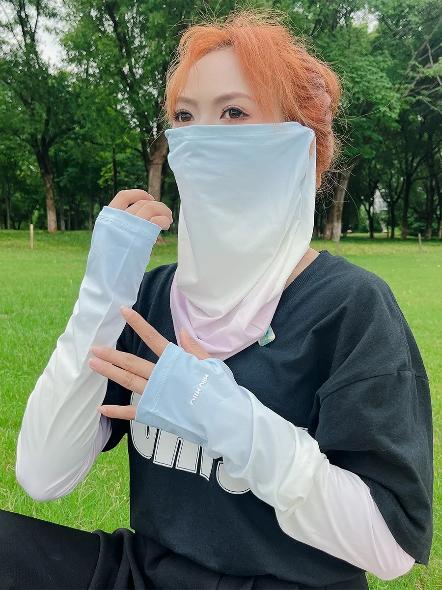 Gradient Sun Mask Women Summer UV Protection Sunshade Neck Guard Veil Outdoor Cycling Ice Silk Arm Oversleeve