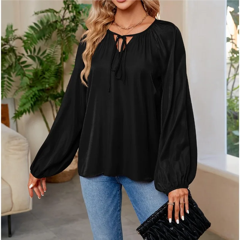 

Women's Spring and Autumn Fashion Satin Silk Elegant Commuter Shirt Solid Colour Lantern Long Sleeve V-neck Lace-up Blouse