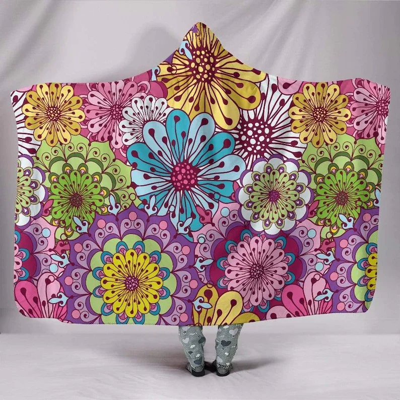 

Hooded Blanket, Hippie Love Flowers, Colourful Bright, Garden Nature Floral, Flower Child Hippie, Geometric Retro, Festival 1960