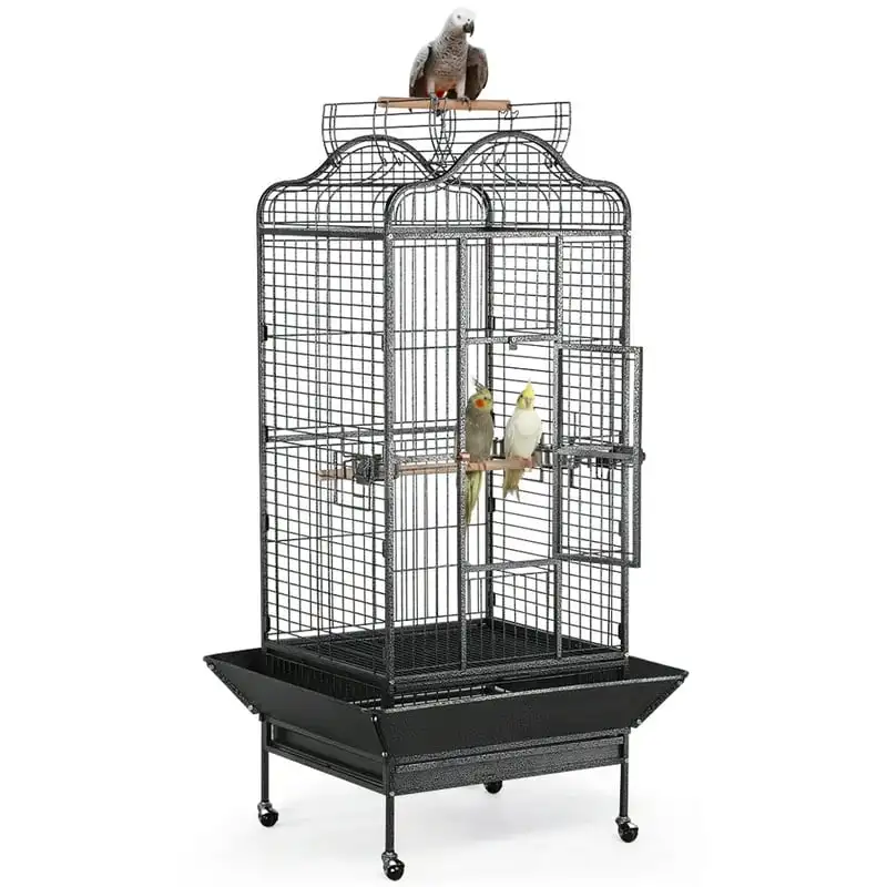 

63" Large Parrot Cage with Open Playtop Metal Rolling Bird Cage for African Grey Parakeets, Cockatiels, Black