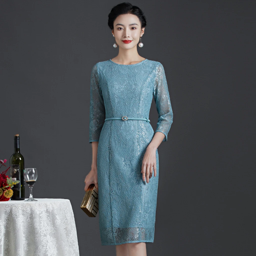 

2023 Lake Blue Mother of the Bride Dress 3/4 Sleeve With O Neck Embroidery Knee Length For Formal Women Wedding Party Prom