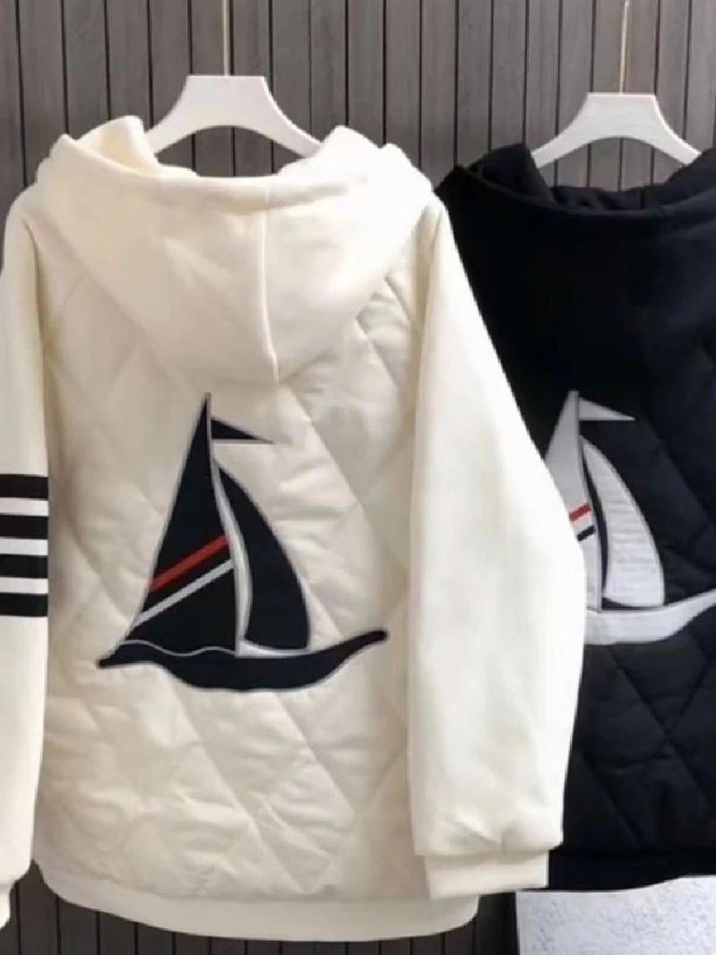 Autumn and Winter Embroidery Patchwork Sailing Cotton-Padded Coat Preppy Solid Jacket Warm Couple Hood Cotton-padded jacket O...