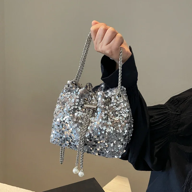 Ручная сумка с пайетками для женщин 2024 новая модная сумка-мешок универсальная