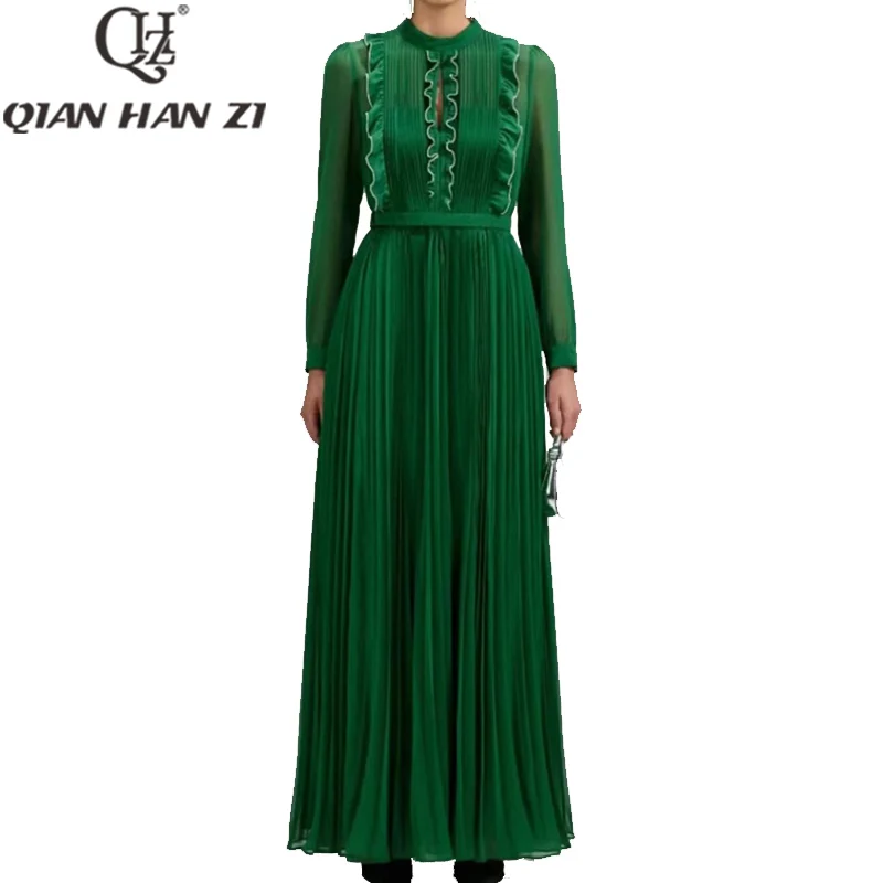 

Qian Han Zi дизайнерское модное подиумное платье макси для женщин с длинным рукавом оборками тонкое отпуск винтажное Плиссированное длинное платье