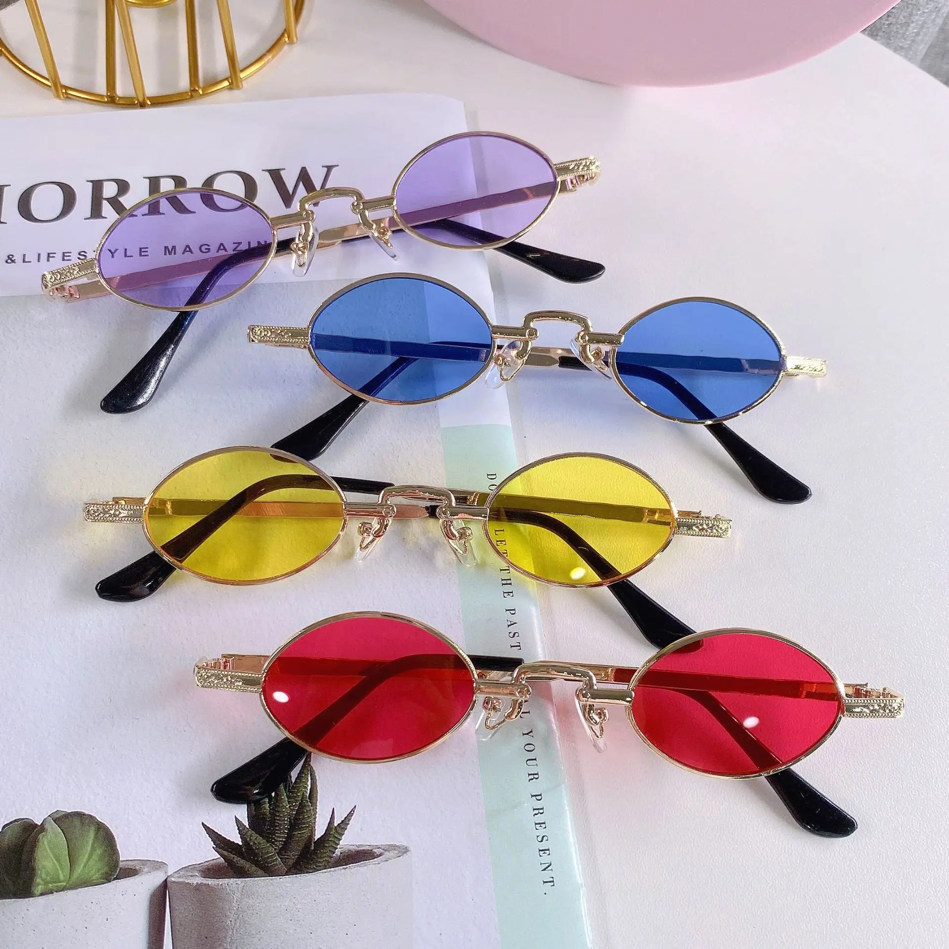 

MDOD Fashion Personality Oval Punk Sunglasses Small Metal Frame Trendy Decorative Glasses for Men Women Multicolor Choose