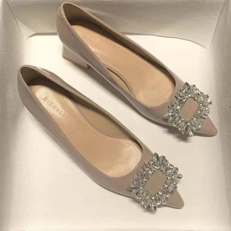 Женские туфли на грубом каблуке осенние новые с острым носком и неглубоким со