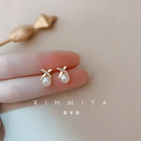new korean female earrings sterling silver fresh water pearl cross design earrings ins fashion hypoallergenic elegant earrings