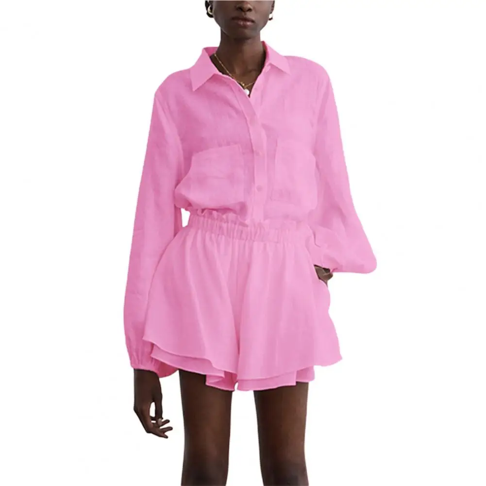 

2022 Women Shirt Shorts Sets Outfits Summer Solid Color Ruffles Buttons Pleats Two Pieces Sets Outfit Women for Daily Wear