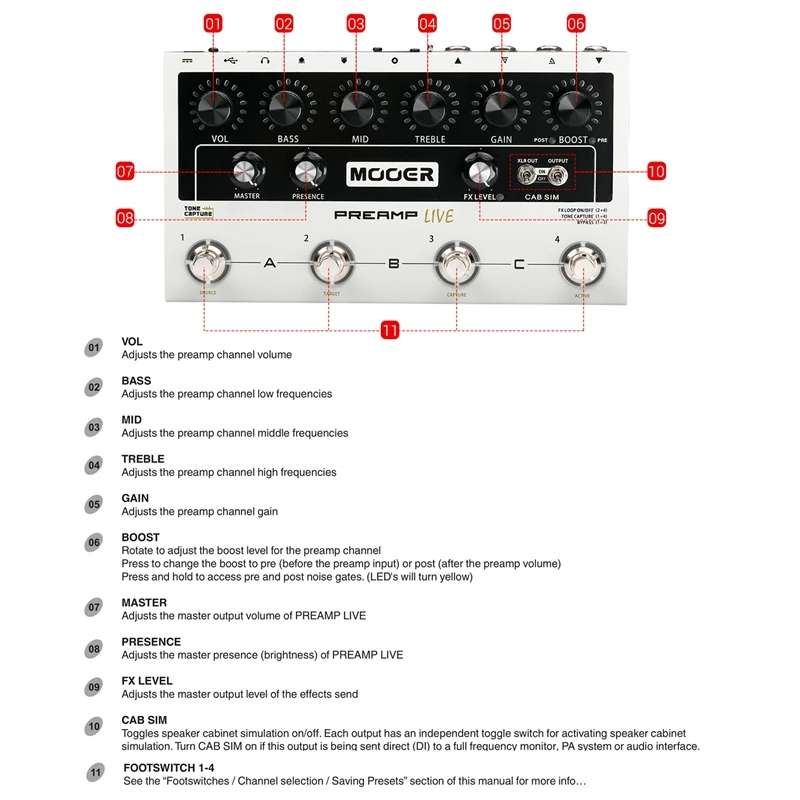 МООЕР ПРЕАМП ЛАЙВ Профессиональный цифровой предусилитель-педаль предусилителя 12 каналов Pre Post Booster с MIDI IN/OUT XLR Output on.