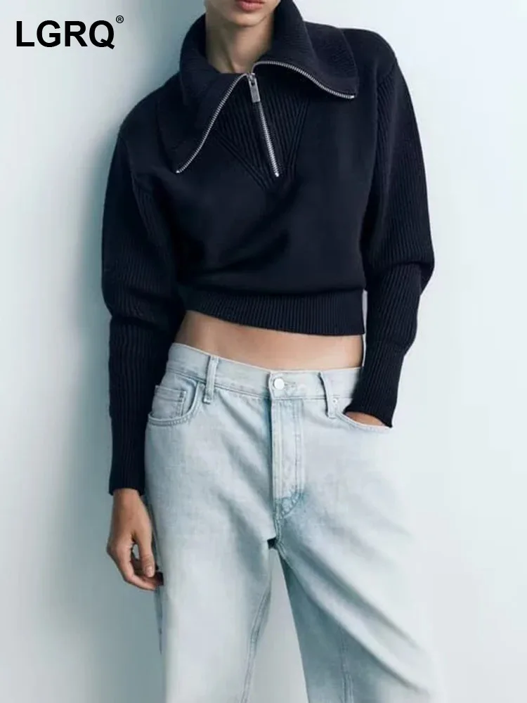 

LGRQ 2023 модный Индивидуальный воротник поло Женский вязаный пуловер на молнии элегантный модный уличный короткий свитер топы новинка 19Z1203