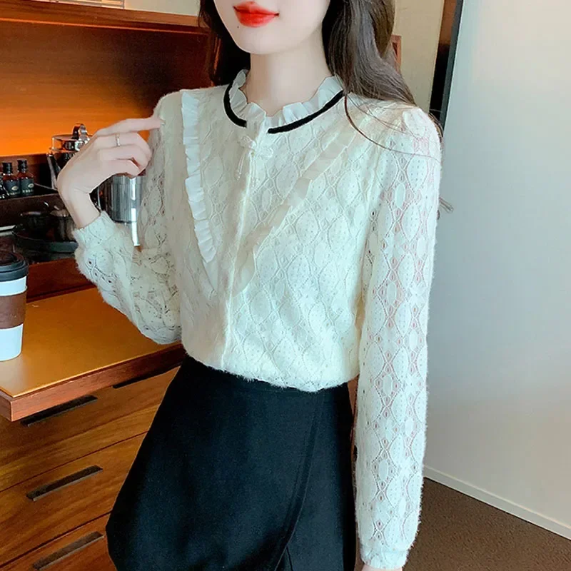 Модная кружевная женская рубашка с рюшами и оборками бархатная утепленная