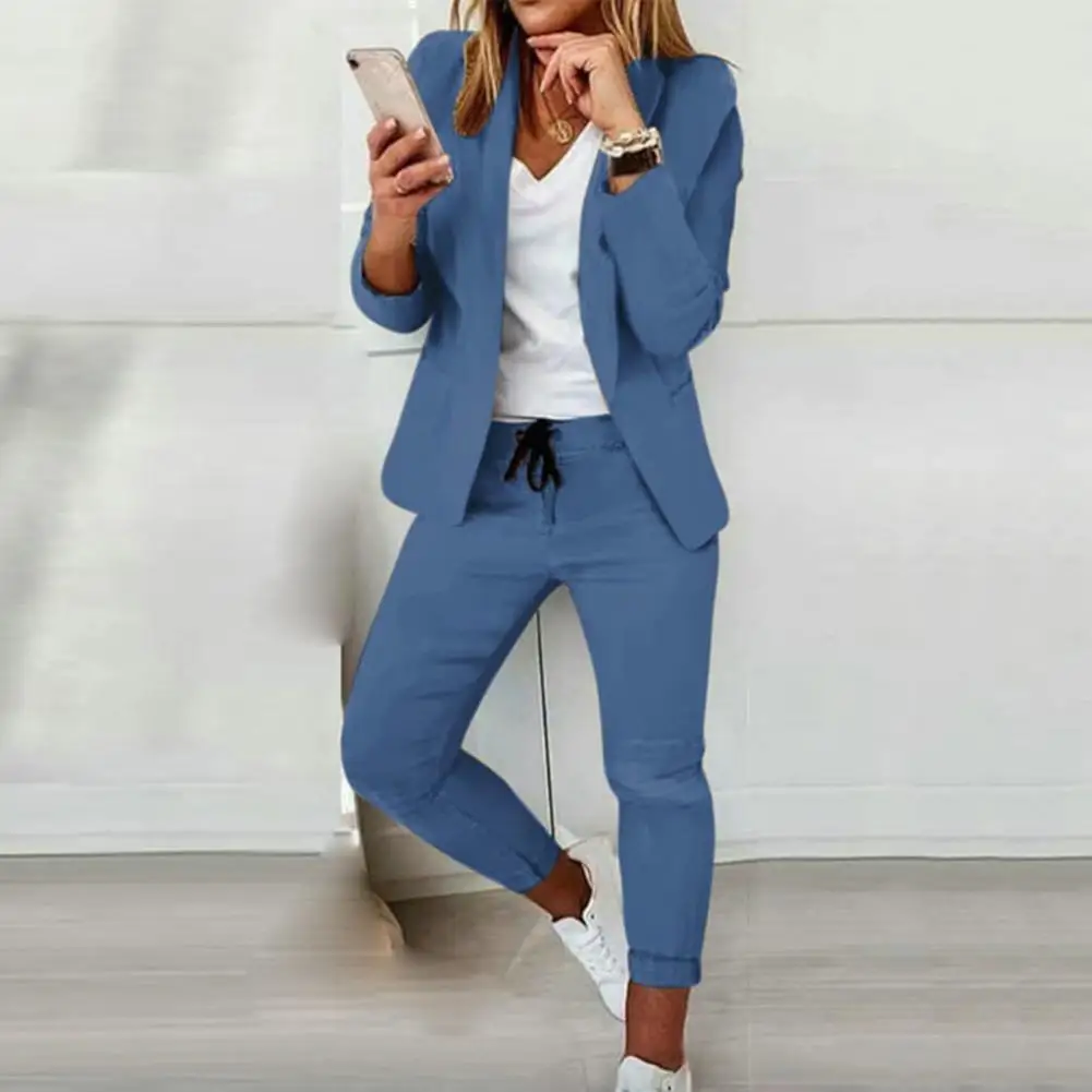 

Stylish Women's Business Suit Set Long Sleeve Slim Fit Pants with Drawstring Waist Elegant Lapel Design