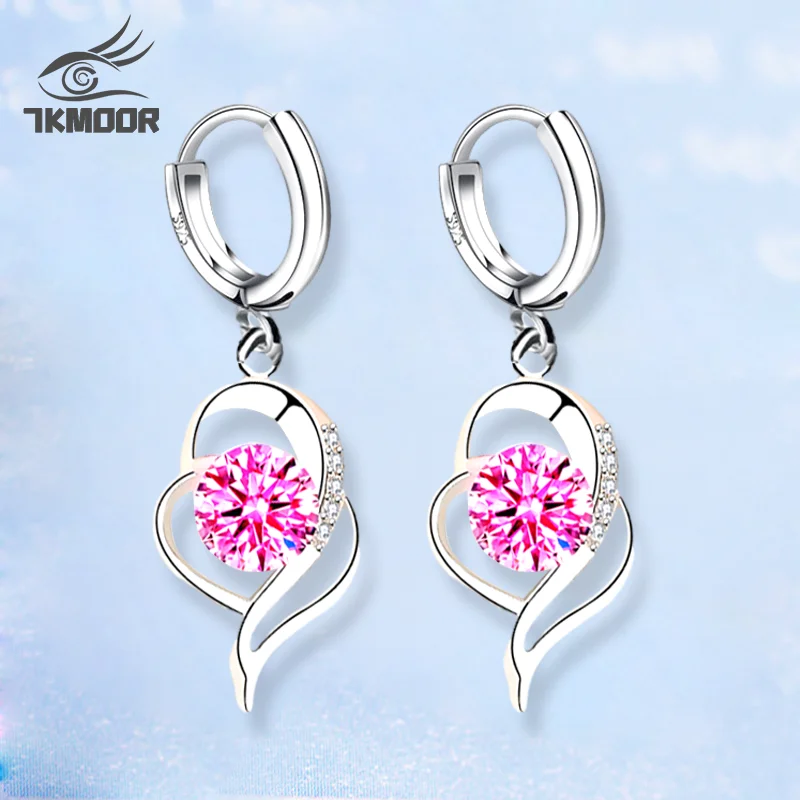

Silver Color 2022 New Women's Fashion Jewelry High Quality Earrings Blue Pink Crystal Zircon Heart Earrings
