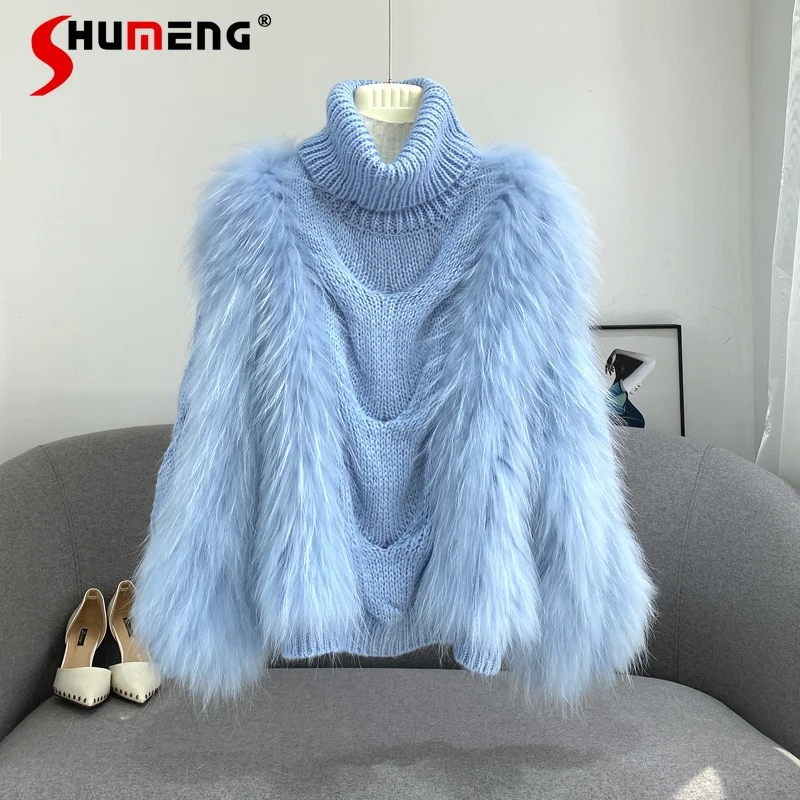 Korean Fashion High-End 2022 Fall Winter New Fox Fur Knitted Sweater for Women Woven Warm Turtleneck Pullover Furry Sweater Coat