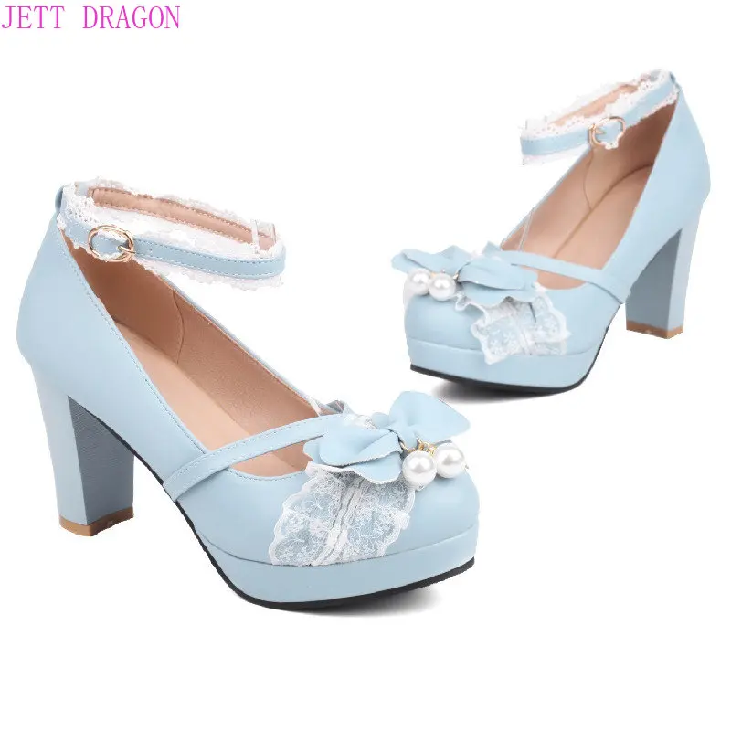

Bow Tie Pearls Strap Platform Pumps Women Shoes 2023 Fashion High Heels White Mary Janes Woman Thick Heeled Party Wedding Shoes
