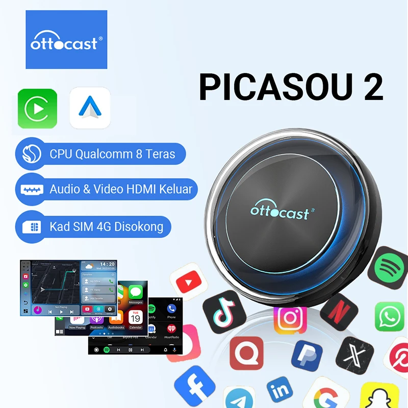 OTTOCAST PICASOU 2 CarPlay AI Box Беспроводной Android Auto HDMI Мультимедийный адаптер Видеоконвертер