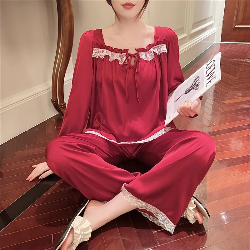 Lace princess cute ice silk pajamas suit female sweet court style pajama set