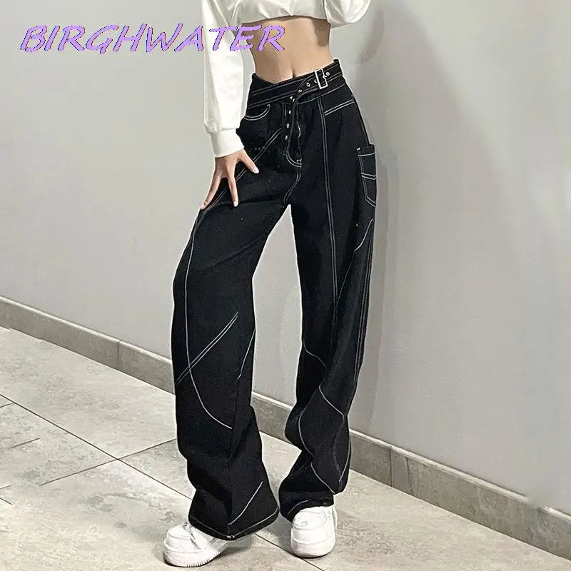 

Женские джинсы в стиле High Street y2k, нестандартные подходящие ко всему танцевальные брюки с высокой талией, Модные свободные прямые джинсы-бойф...