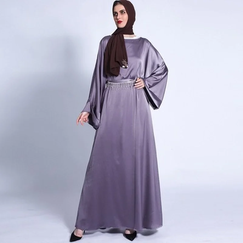 2022 Ramadan Matte Solid Color Loose Dress Fringed Diamond Belt Long Skirt Muslim Women Clothes With Bocket Autumn New