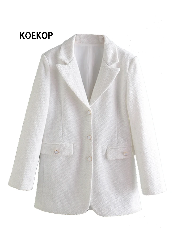 

KOEKOP Women Fashion Office Lady Outwears Tweed Blazer Jacket Single Breasted Notched Neck Vintage Female Chic Outfits Mujer