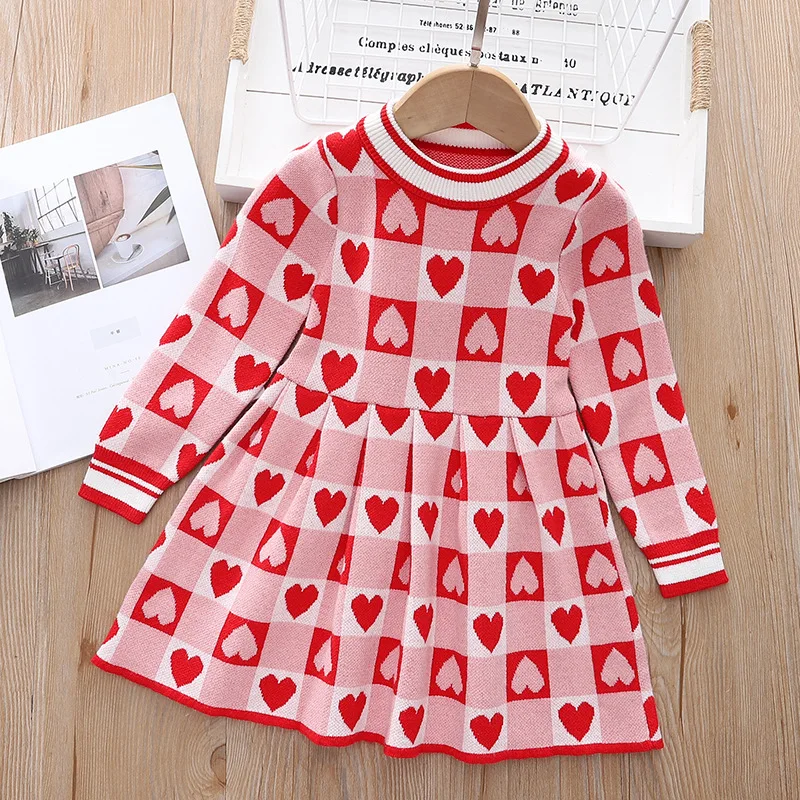 

Autumn Winter Girls Sweater Dress Lattice Full Print Love Pattern Keep Warm Knitted Dress For 2-6Y Kids Fashion Princess Dress