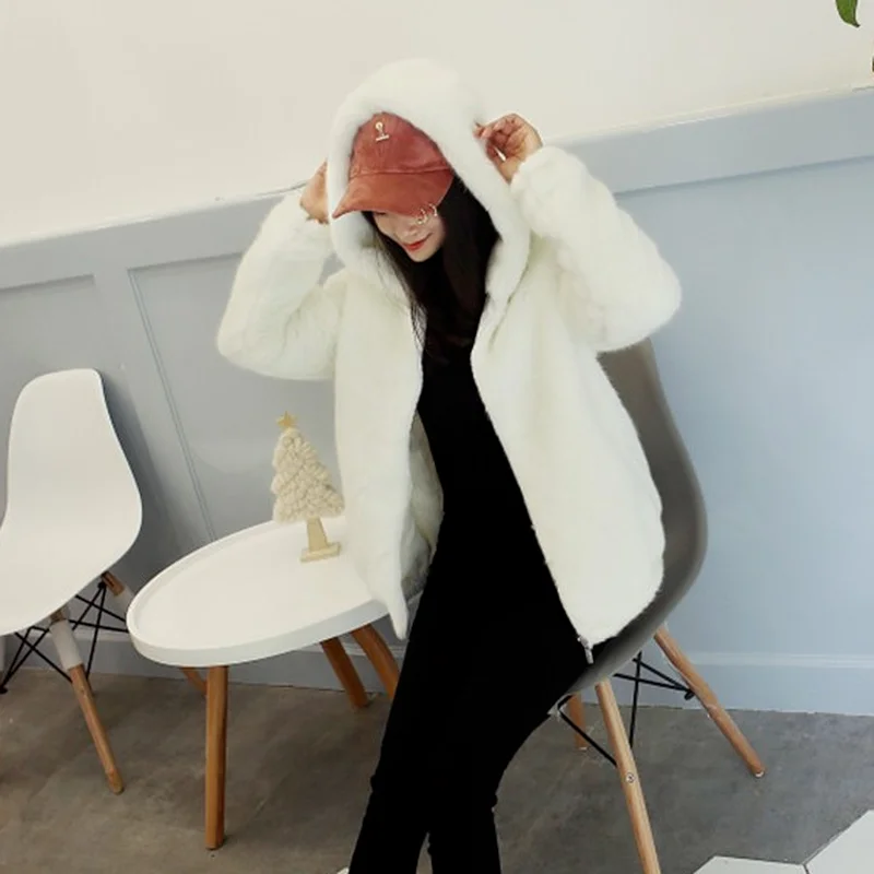 Rabbit Imitation Fur Winter Soft Mink Faux Fur Coat Warm Artificial Fur Hooded Plus Size 2021 Fashion Women Jacket White Black