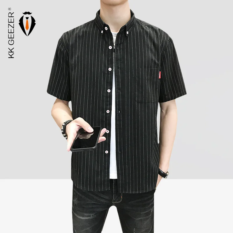 Мужская приталенная рубашка в полоску черная Повседневная деловая с короткими