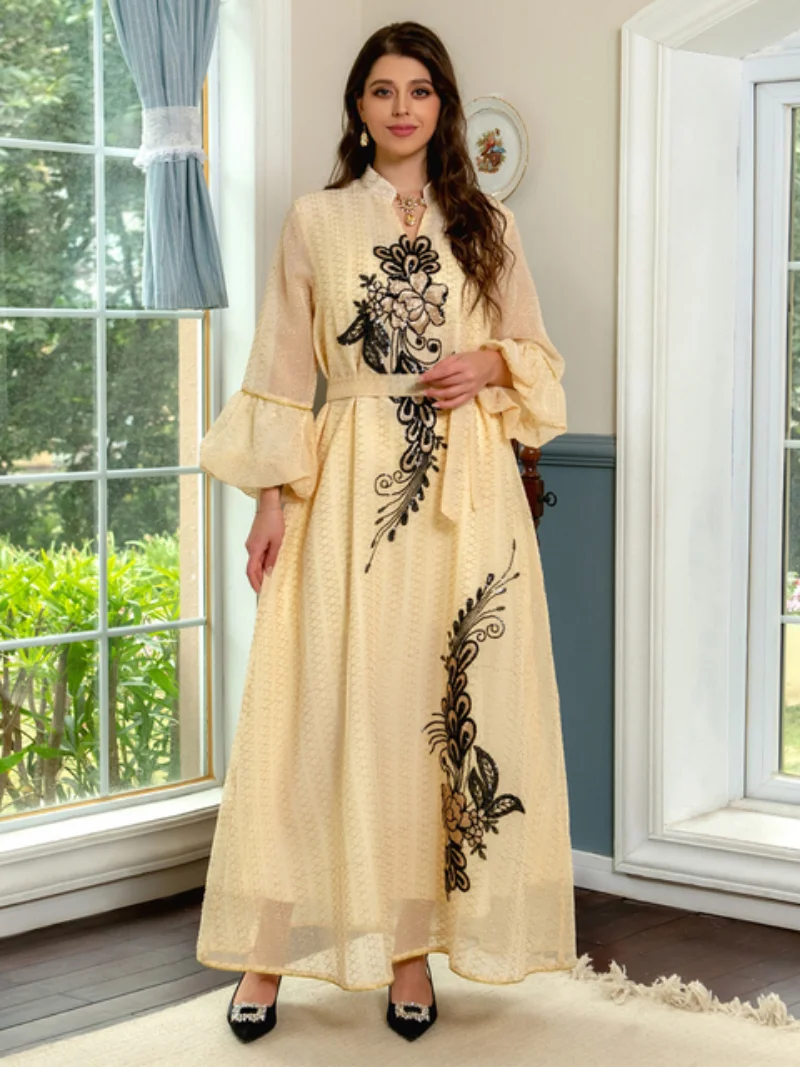 Elegant Women's Dresses for Party 2023 Fashion Muslim Mesh Sequin Embroider Evening Dress Dubai Moroccan Caftan Petal Sleeve Eid