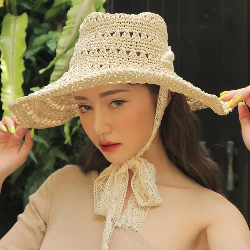 

Sun-resistant Topee Foldable Seaside Holiday Handmade Lace Ribbon Crochet Straw Hat Women's Summer Outing