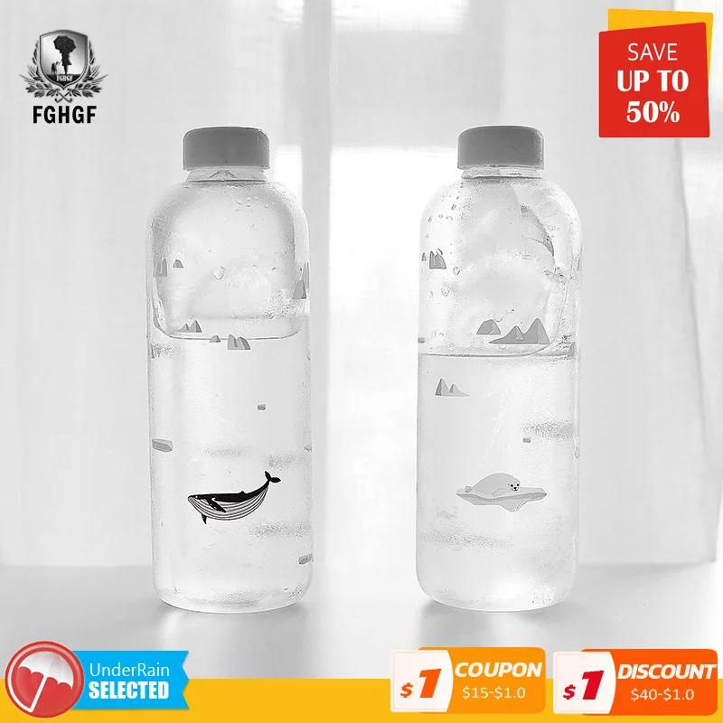 Botella de agua de vidrio con sello de ballena Serie Ocean, 1000ml, botellas deportivas creativas, botella de Camping, artículos para beber