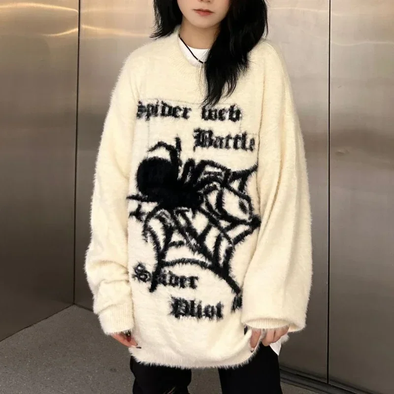 Ameican Ретро вязаные пуловеры женские с принтами паука уличная одежда в стиле панк