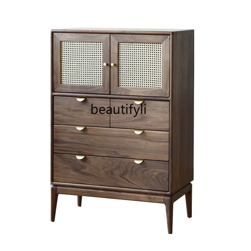 

America Black Walnut Bedroom Four-Bucket Cabinet Solid Wood Rattan Double-Door Set Storage Organizer Living Room Side Cabinet