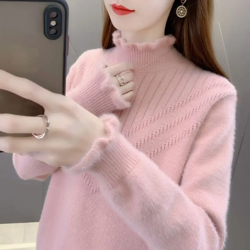 

Half Turtleneck Sweater with Wood Ears Women's 2021 Spring and Autumn New Korean Soft Waxy Slim Stretch Warm Base Sweater D94
