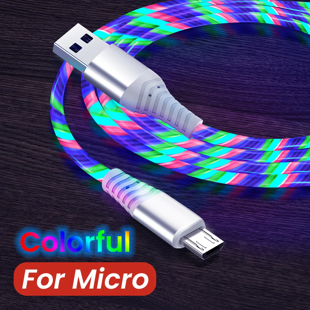 

MVQF Fast Charging Cable 6A Glowing LED Cable Micro USB TypeC Data Cable Flowing Streamer Light LED USB C Cord for iPhone Xiaomi
