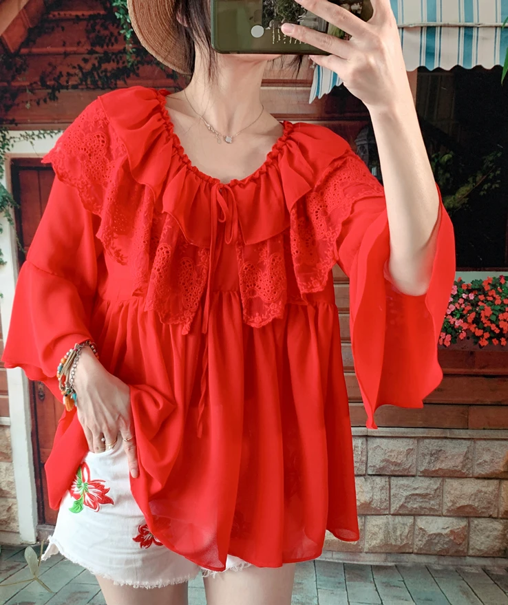 Летняя Праздничная красная рубашка в богемном стиле с оборками и расклешенными