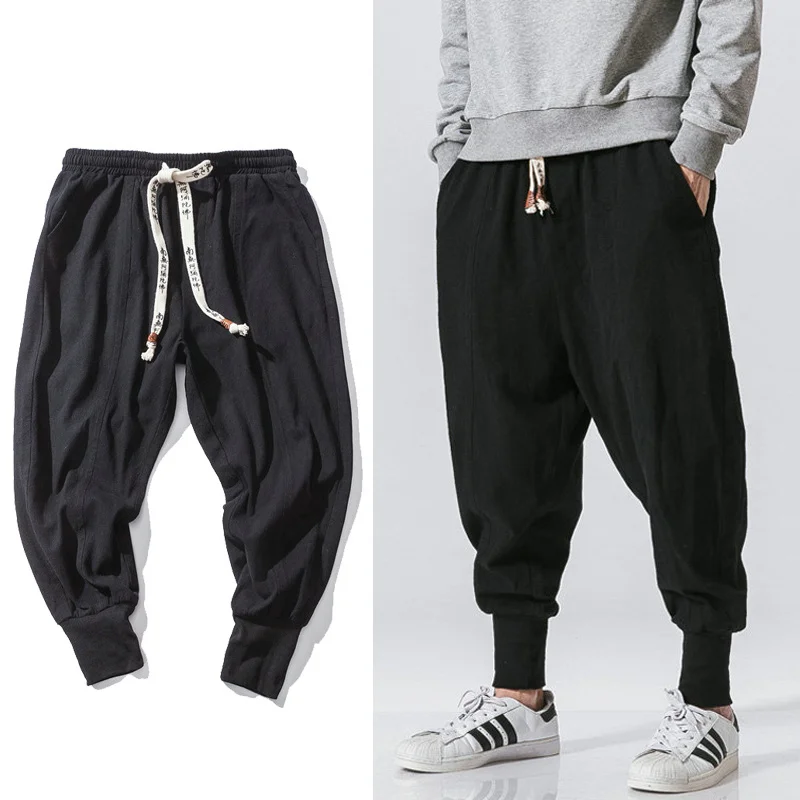 

Chinese Style Harem Pants Men Streetwear Casual Joggers Mens Pants Cotton Linen Sweatpants Ankle-length Men Trousers M-5XL
