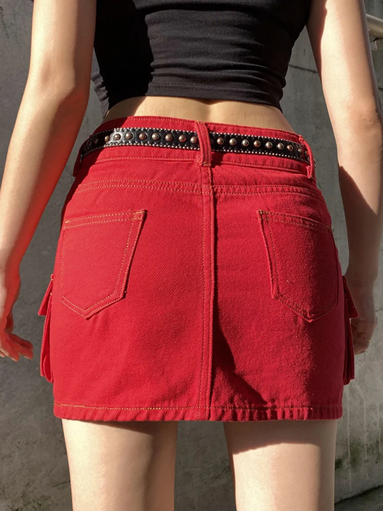 Weekeep панк джинсовая юбка женская уличная с низкой посадкой карманами и рисунком