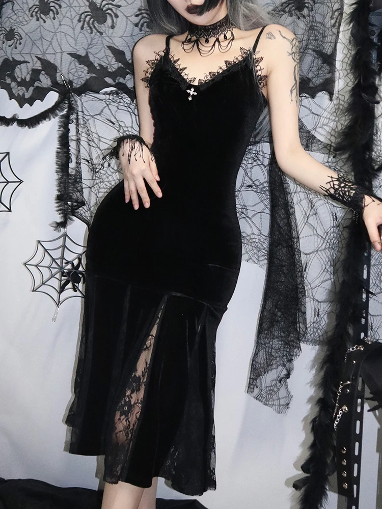 Sexy Spaghetti Strap Backless Velvet Woman Long Gothic Cross Dress Black Lace Patchwork Dress Style Maxi Harajuku Emo Partywear