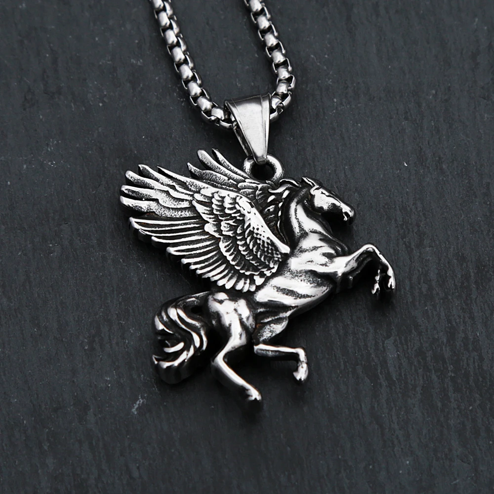 

Silver Color Vintage Pegasus Pendant For Men Punk Stainless Steel Mythical Animal Biker Necklace Amulet Jewelry Gifts Wholesale