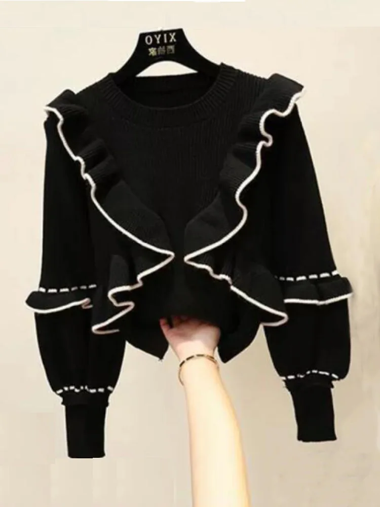 

Autumn Winter Women's Top Korean Style The Ruffle Stitching Pullover Sweater New Lantern Sleeve Knitted Bottoming Tops LL283