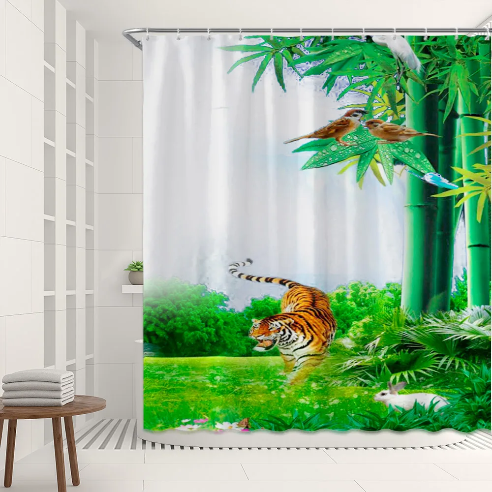 

Green Bamboo Shower Curtain Set Fabric Bamboo Forest Animal Tiger Bird Illustration Plant Print Toilet Decor Bath Curtain Hooks