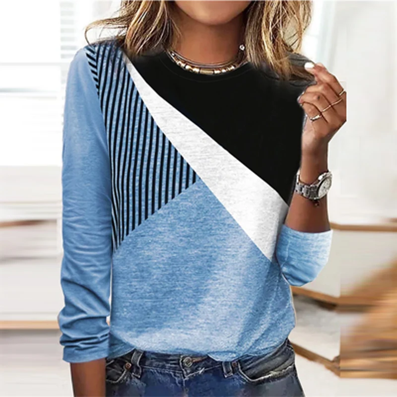 

2022 Spring Striped Print Patchwork Blouses Women Elegant O Neck Office Tops Shirts Autumn Long Sleeve Loose Pullovers Harajuku