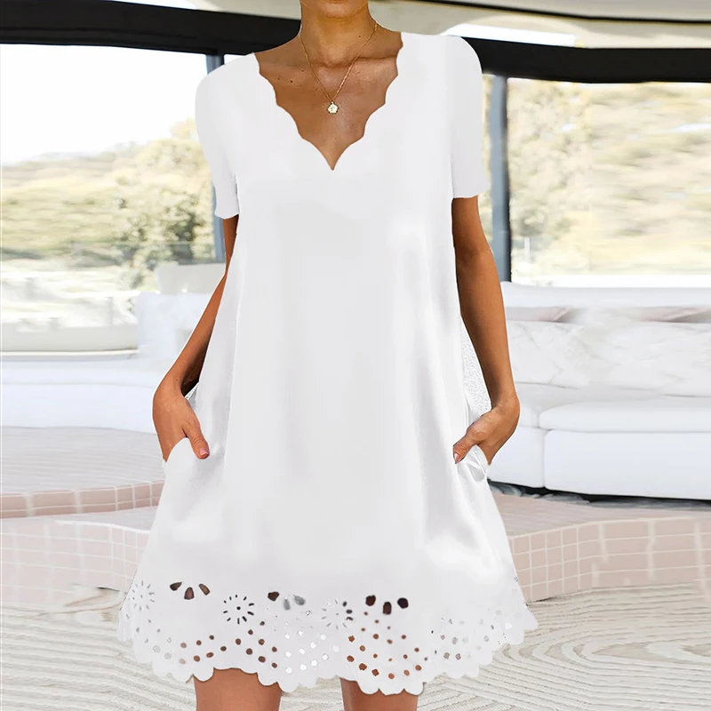 

2022 Summer Women V-neck Short Sleeved Loose Dress Retro Pocket Hem Hollow Dresses Casual Female Solid Beach Mini Dress Vestidos