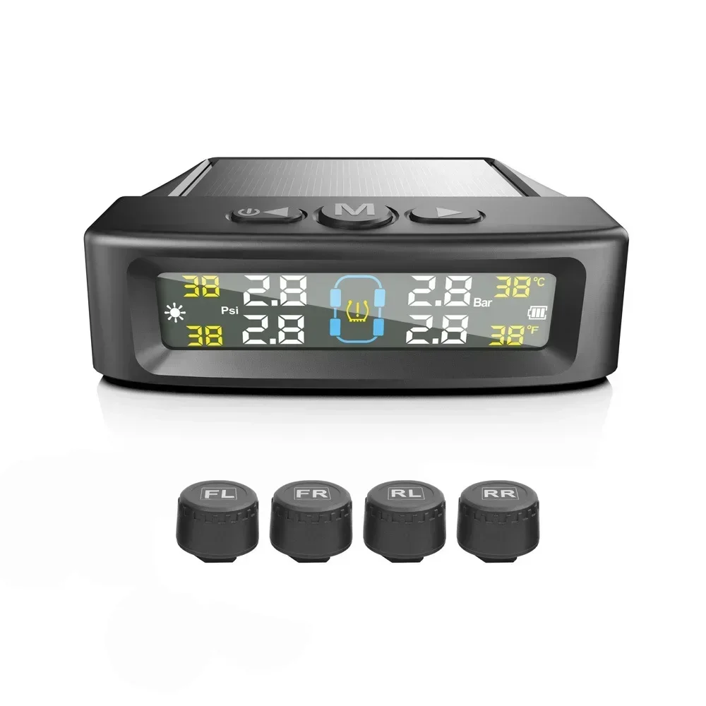 

Система контроля давления в шинах TPMS Автомобильная охранная сигнализация Беспроводная солнечная и USB-питание 4 датчика с цветным цифровым дисплеем